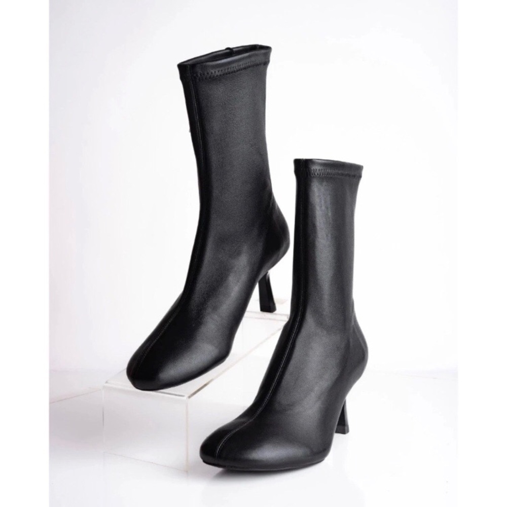 NWT Zara Soft Black Leather Mid Calf Round Toe Sock Boots Minimalist Size 6/36